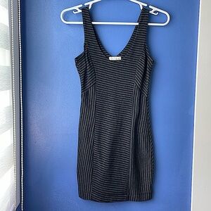 Black grey pinstripe fitted dress XXS or XS bandage fit sleeveless mini tee